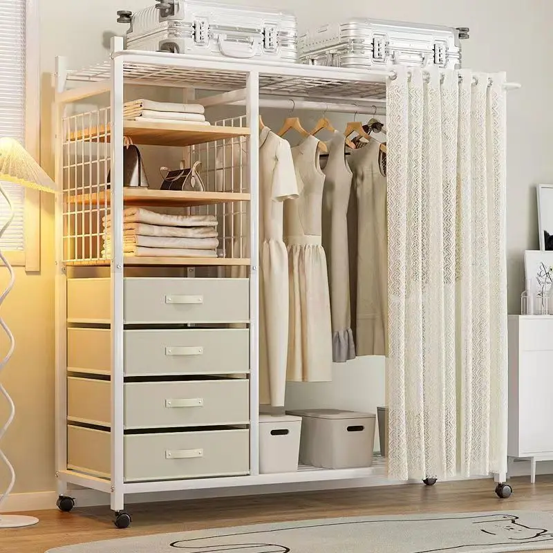 Modern Multi-Functional Open Storage Metal Wardrobe MDF Floor-standing Wardrobe Dustproof Hanging Clothes Simple Living Room