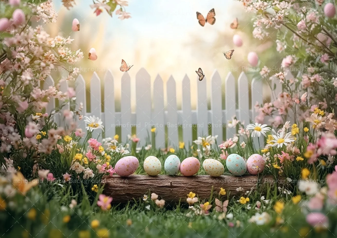 Mehofond Photography Background Spring Easter Colorful Protein Railing Butterfly Sunshine Kids Family Portrait Backdrop Decor