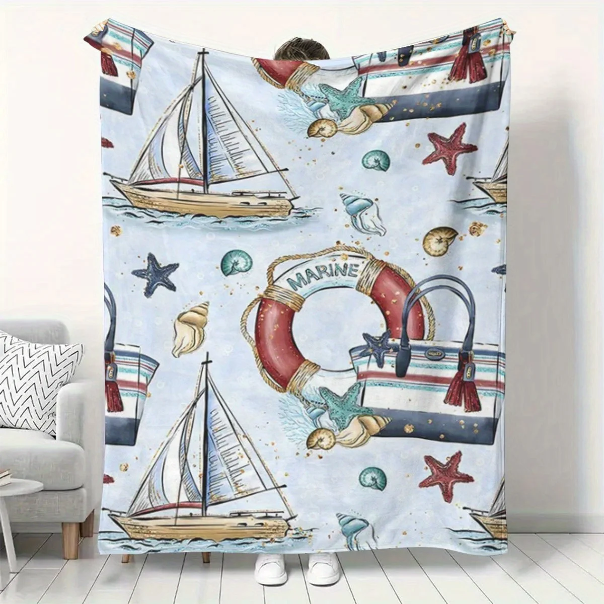 Coastal Nautical Throw Blanket Beach Decor Ocean Life Sailor Boat Print Throw Cover for Sofa Bedding Room Accent