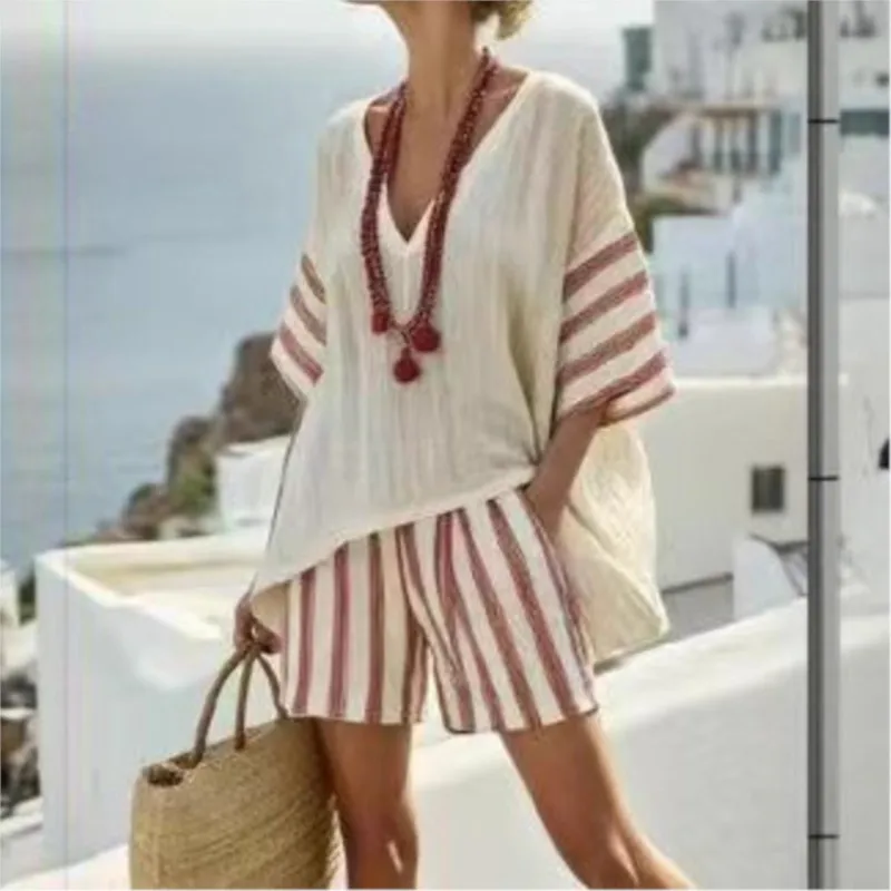 

Summer New Half Sleeve Casual Two Pieces Set Women Fashion V-neck Stripe Print Pocket 2Pieces Set Ladies Holiday Party Suits