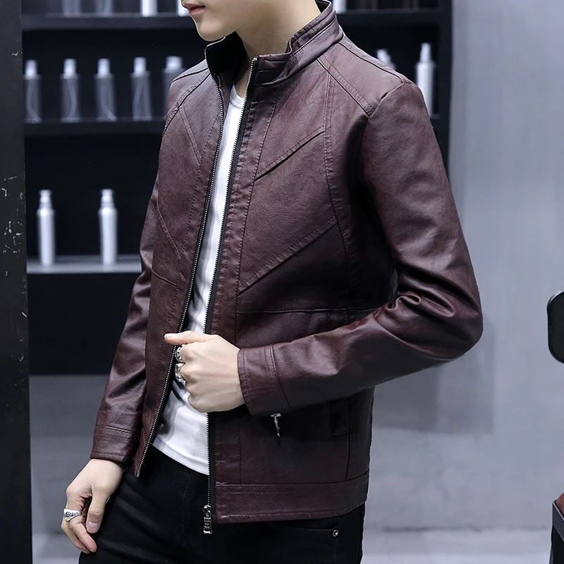 

New Men's Leather Jacket Motorcycle Style Stand Collar Punk Fashion Youth Men's Clothing Fake Leather Mixed Leath Coat