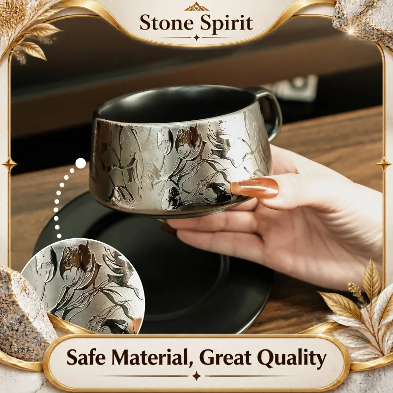 Titanium Style Plated Ceramic Coffee Mug Set,Large Capacity Cup with Saucer, Luxury Drinkware for Home Office Cafe, Premium Gift