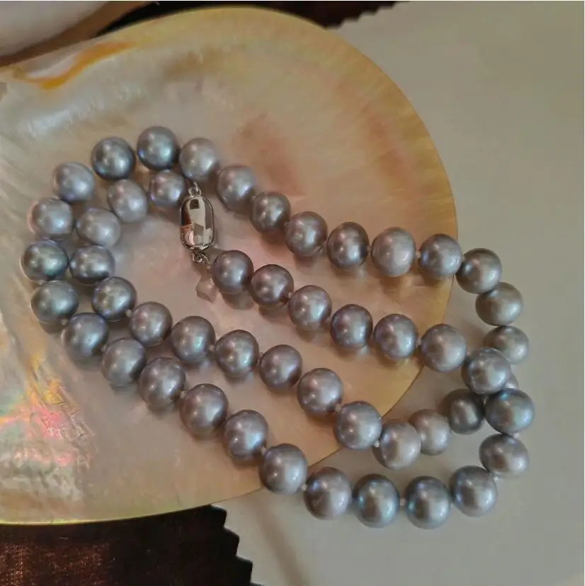 

ЭЛЕГАНТНОЕ 9-10 мм 8-9 мм круглое серебристо-серое жемчужное ожерелье Южного моря 18 дюймов 925s