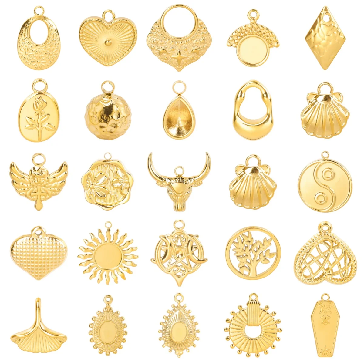 

7pc Fashion Stainless Steel Pendant Head Of a Cow Tai Chi Sun Ocean Shell Plant Tree Hollowing Out Charms Diy Necklace Accessory