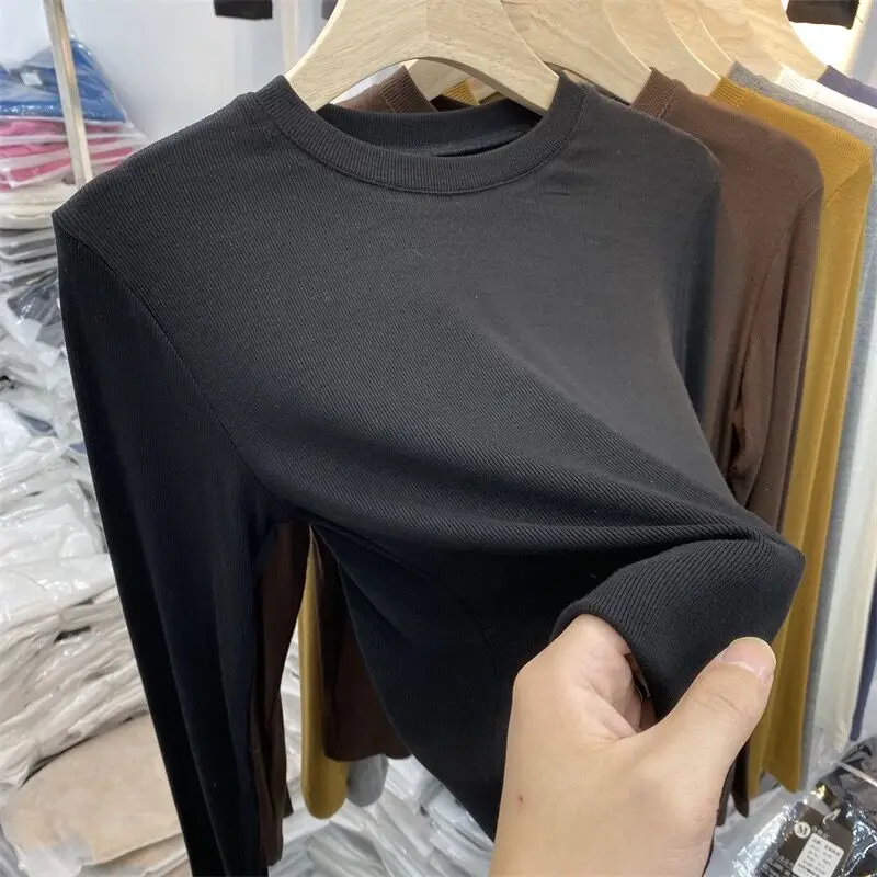 ファイオナブル ロング スリーブ リブ編み Tシャツ レディース ラウンドネック マスクトップ 韓国風 スタイリッシュ 通勤 折り畳み スリムフィット デイリーウェア