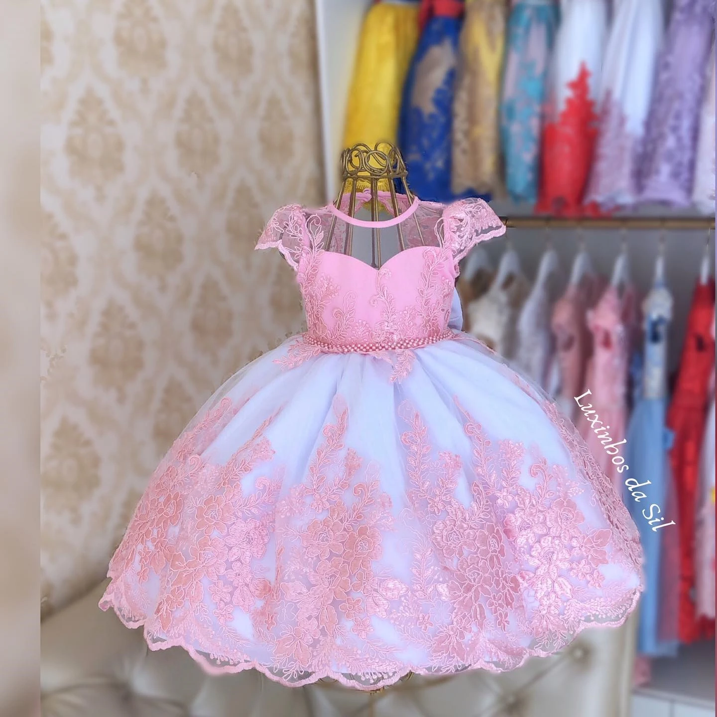 Pink Flower Girl Dress For Wedding Lace Applique Tulle With Bow Princess Kids Birthday Party First Communion Ball Gown