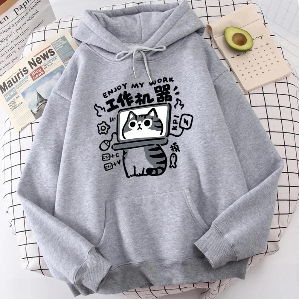The Cartoon Cat Is An Abstract Working Machine Printed Women's Hoodie Kawaii Comfortable Casual Y2k Oversized Printed Clothes