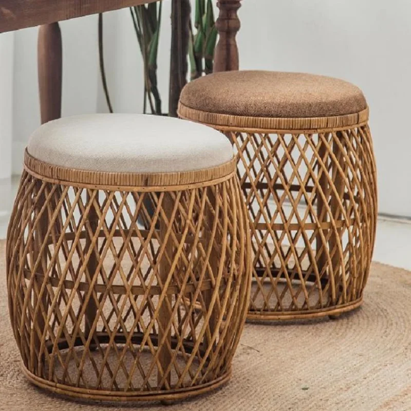 Retro high-grade bamboo woven rattan round stool B & B makeup dressing coffee stool coffee table indoor low stool