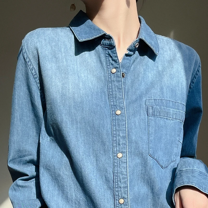 Women Long Denim Shirt Long Sleeve 100% Cotton High-quality Casual Long-sleeved Shirt Solid Color Classic Cotton Plus Size Top