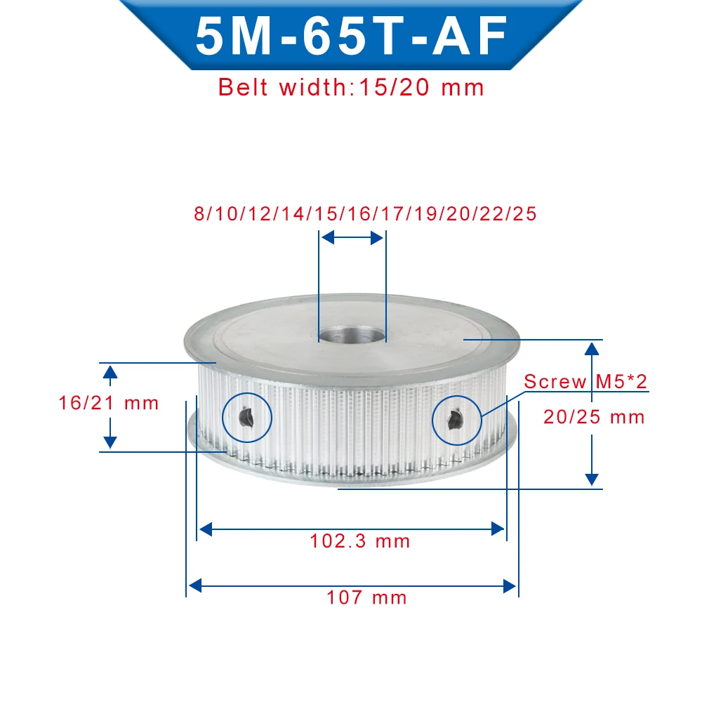 Toothed Pulley 5M-65T  Circular Arc Tooth Bore Size 8/10/12/14/15/16/17/19/20/22/25 mm Aluminum Pulley Wheel For 5M Rubber Belt