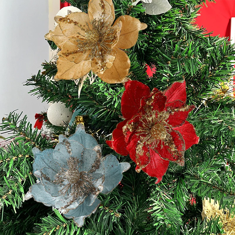 2pcs Glitter Artifical Christmas Flowers Merry Christmas Tree Decoration Fake Flowers For Home Christmas Decoration