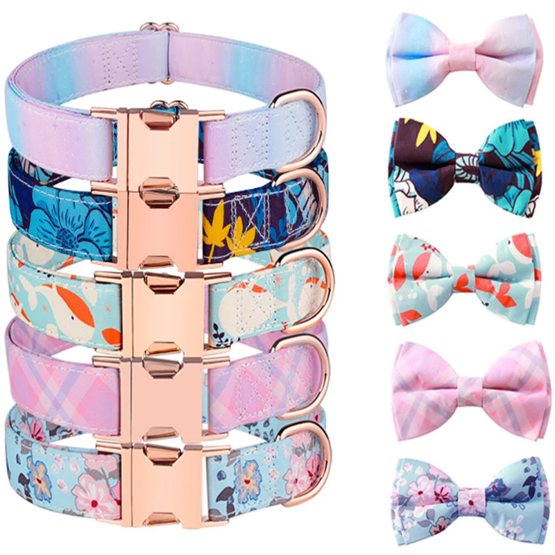 DUWES Plaid Flowers Gradient Colors Polyester Cotton Dog Collar With Bows Adjustable Decorations D1902