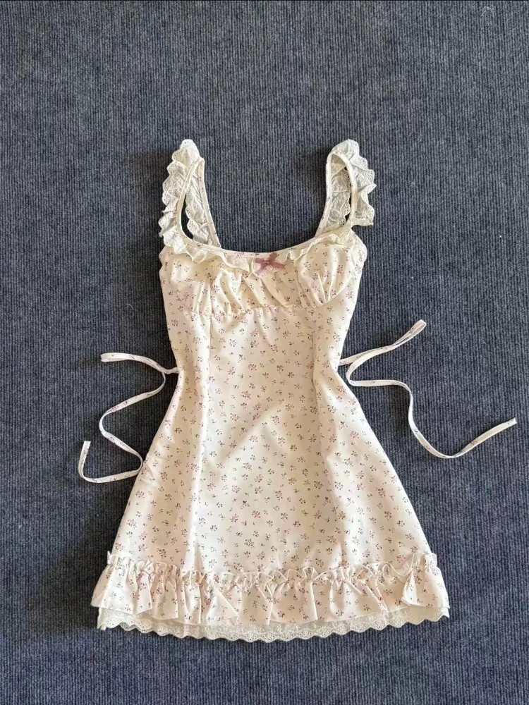 

French Summer Sweet Tunic Waist Dress Women Gentle Strappy Patchwork Sleeveless Clothes Female Kawaii Floral Print Flower Dress