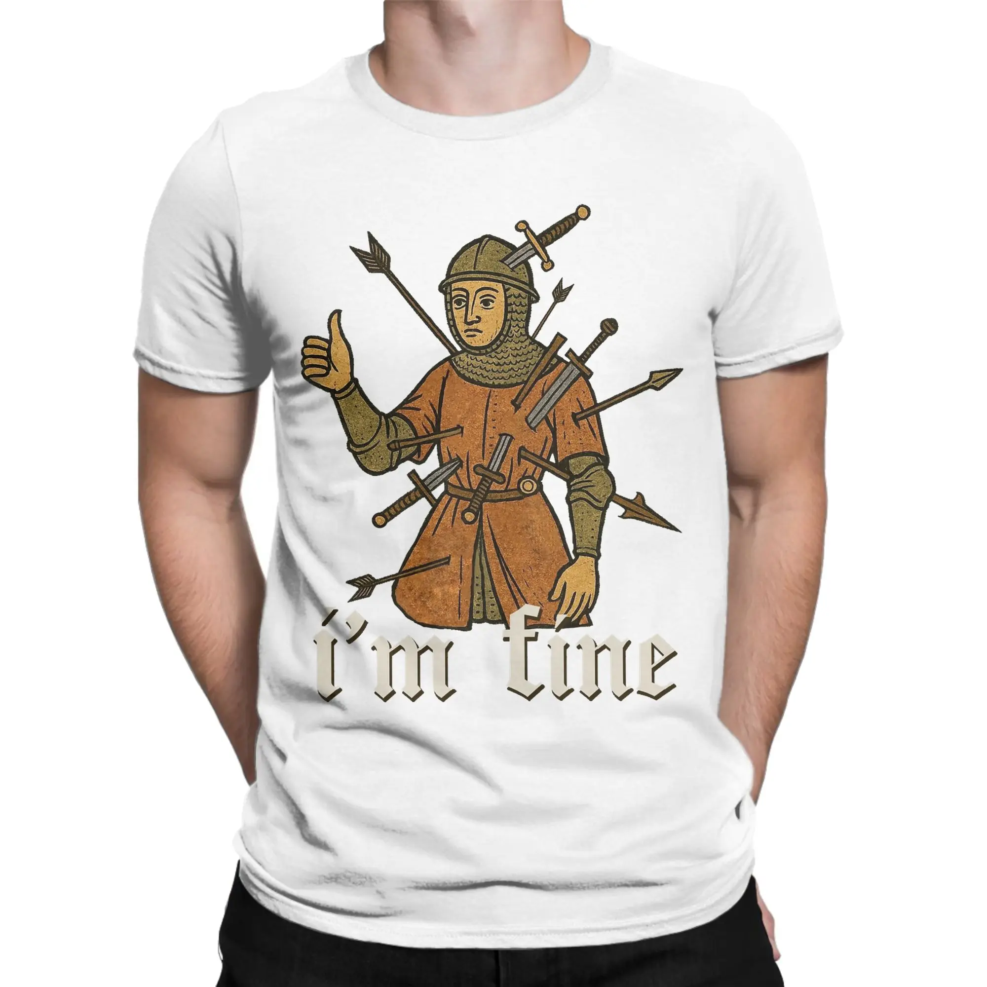 T-Shirt mit Aufschrift „Men I'm Fine Medieval Soldier Art“, lustiges T-Shirt aus 100 % Baumwolle, lustige Kurzarm-T-Shirts mit Rundhalsausschnitt, Geburtstagsgeschenk-T-Shirts