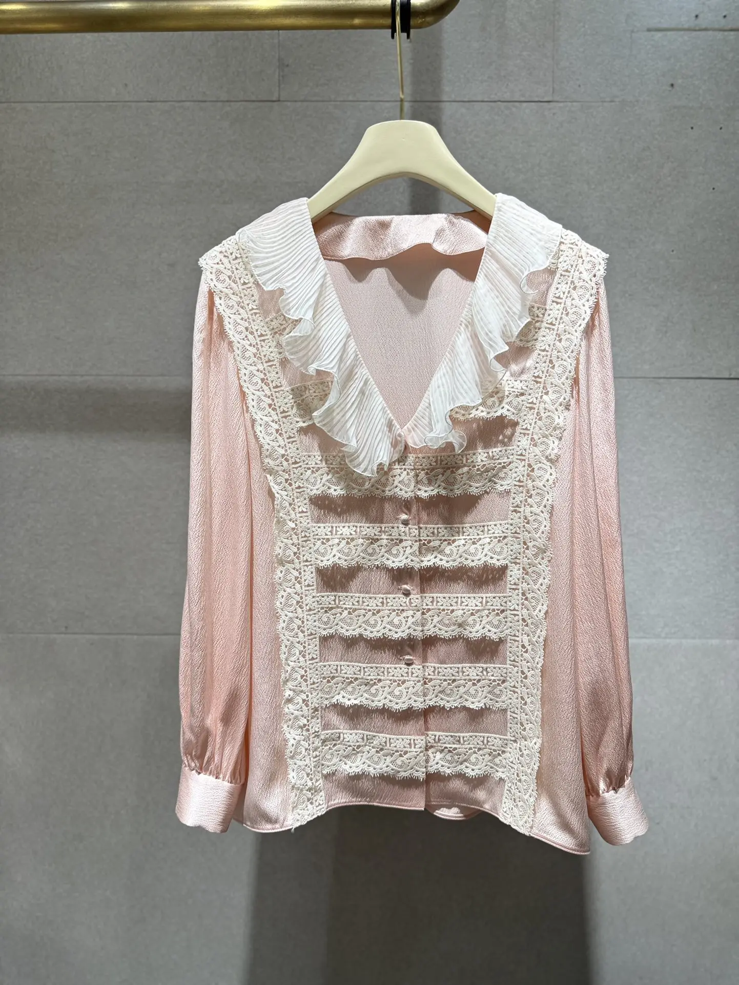 Fashion Women Long-sleeve Silk Shirt, Women Silk Pink Lace High Quality Shirt Free Shipping