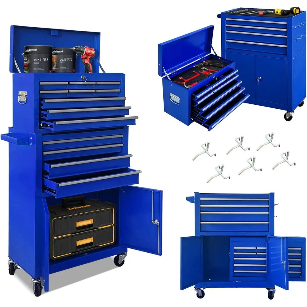 

Синий сверхмощный ящик для инструментов для механика с двойными дверцами, съемными ящиками и колесами для хранения в гараже