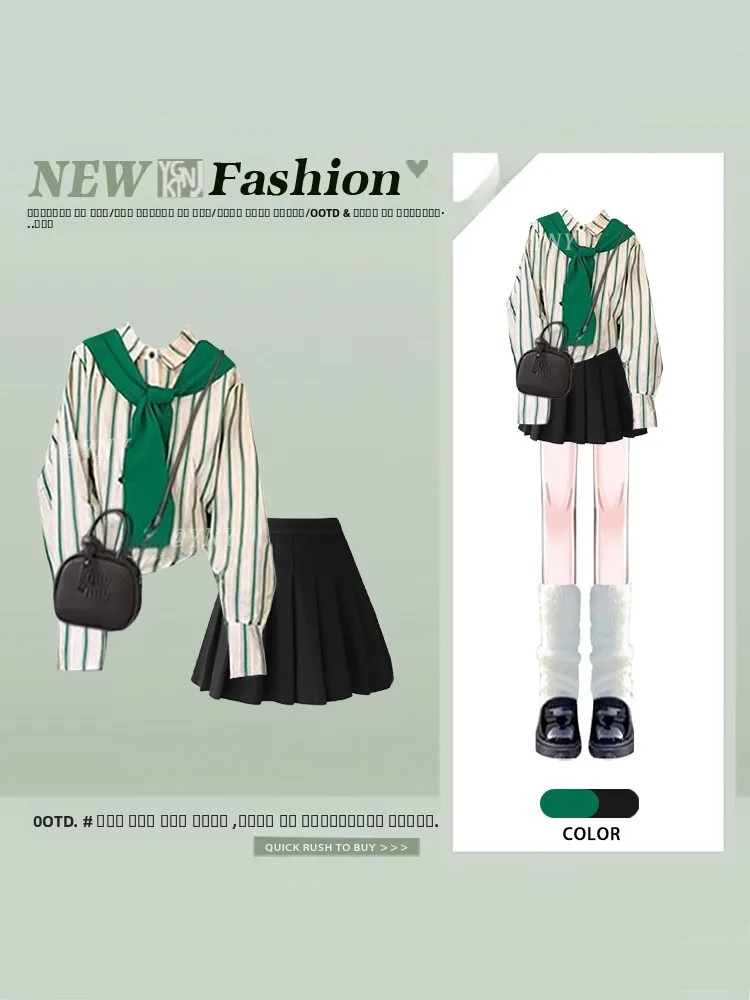 

Korean College Sle Striped irt een awl Plaid Skirt Women's Faion Set Spring Simple Matching Long Sve irt