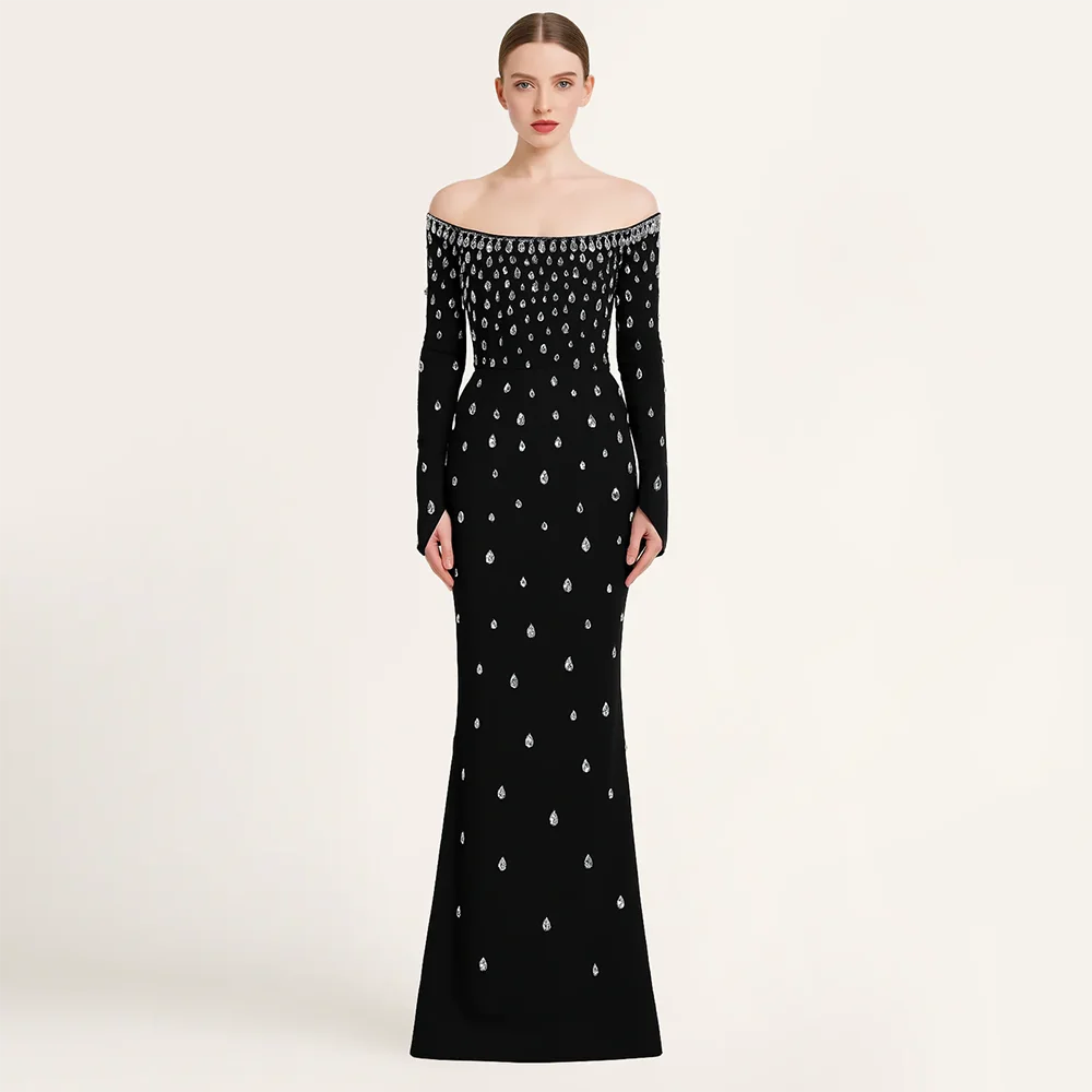

Fashion Black Boat Neck Mermaid Dresses Evening Swarovski Crystals Adult Dresses Customized2026