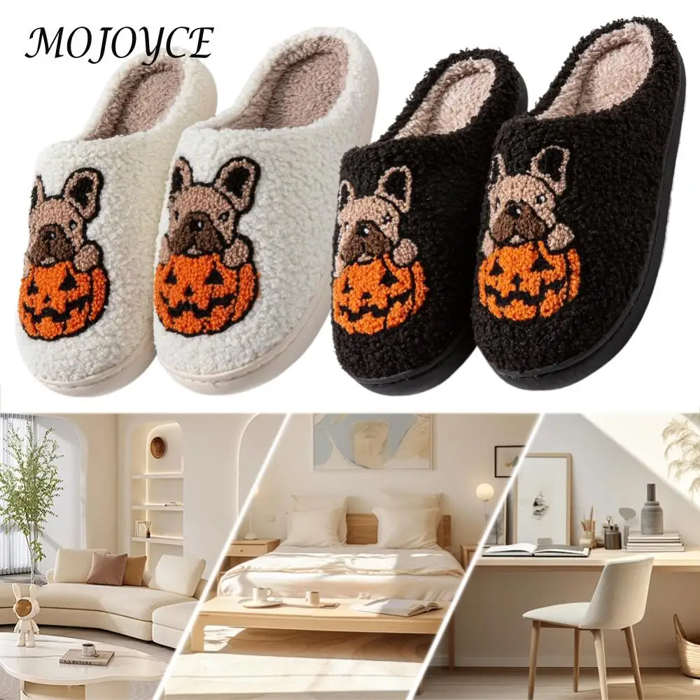 Halloween Pumpkin Dog Plush Slippers Comfortable Closed Toe Couple Slippers Non-Slip Thermal Pumpkin Slippers for Men Women