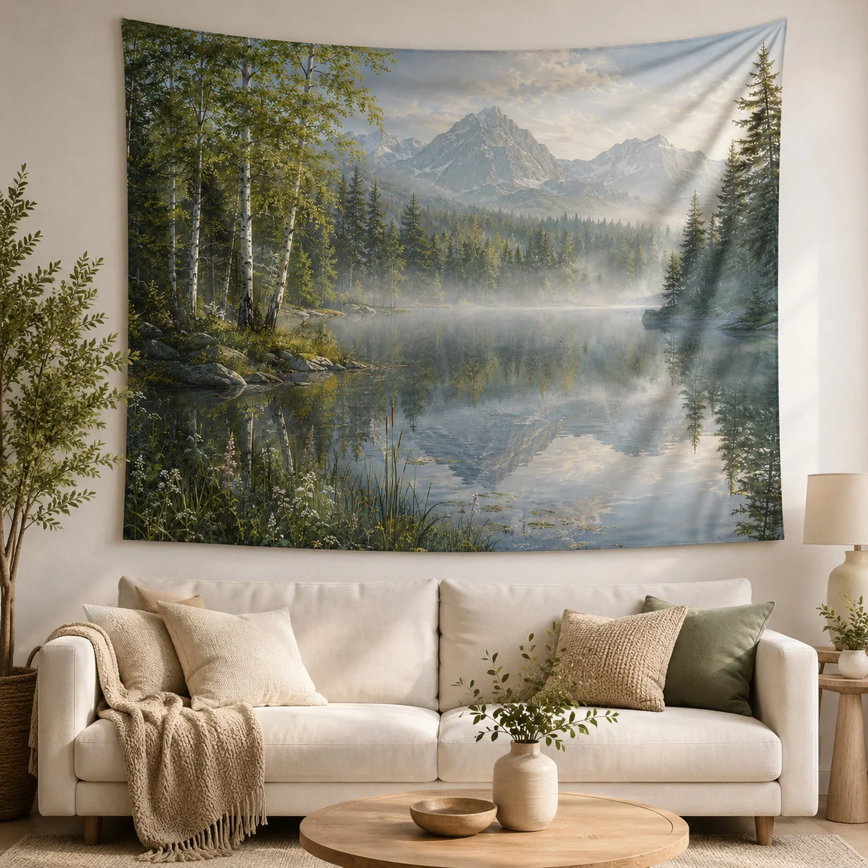 Misty Mountain Lake Wall Tapestry Forest Nature Landscape Hanging Decor for Bedroom Living Room Yoga Meditation Room