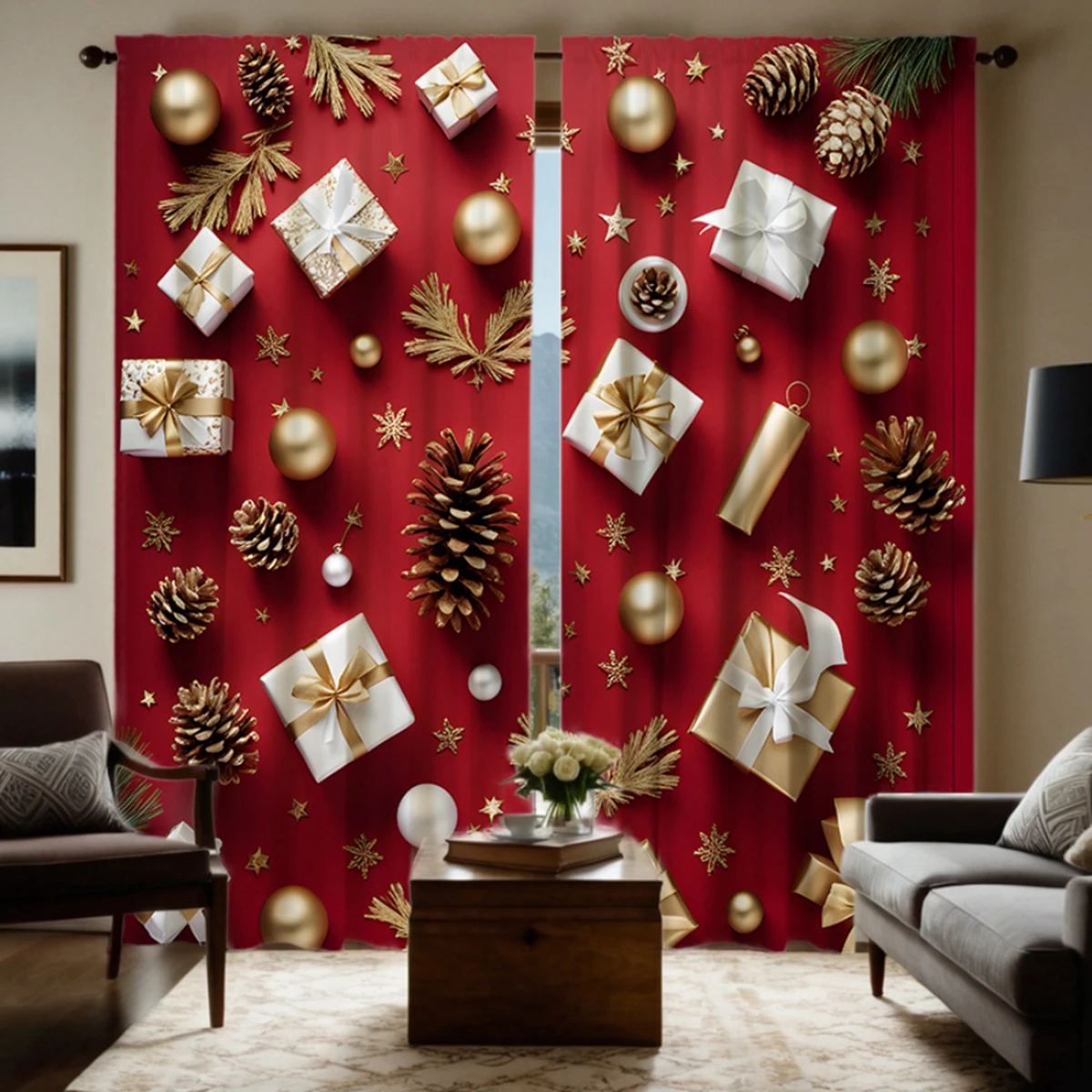 

2pcs HD Christmas pine cone gift box Decorative curtain Red tie digital printed curtain Home Decoration style Decorated livin