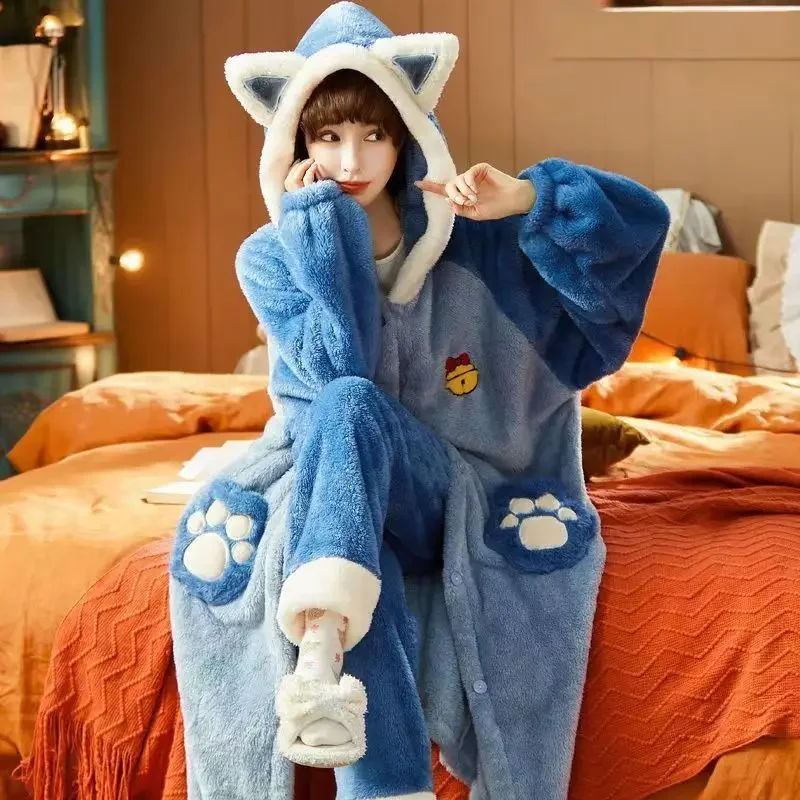 2025 New Style Pajama Women\'s Autumn Winter Coral Velvet Plus Velvet Nightgown Flannel Set Cat Fox Nightgown Embroidered Cartoon