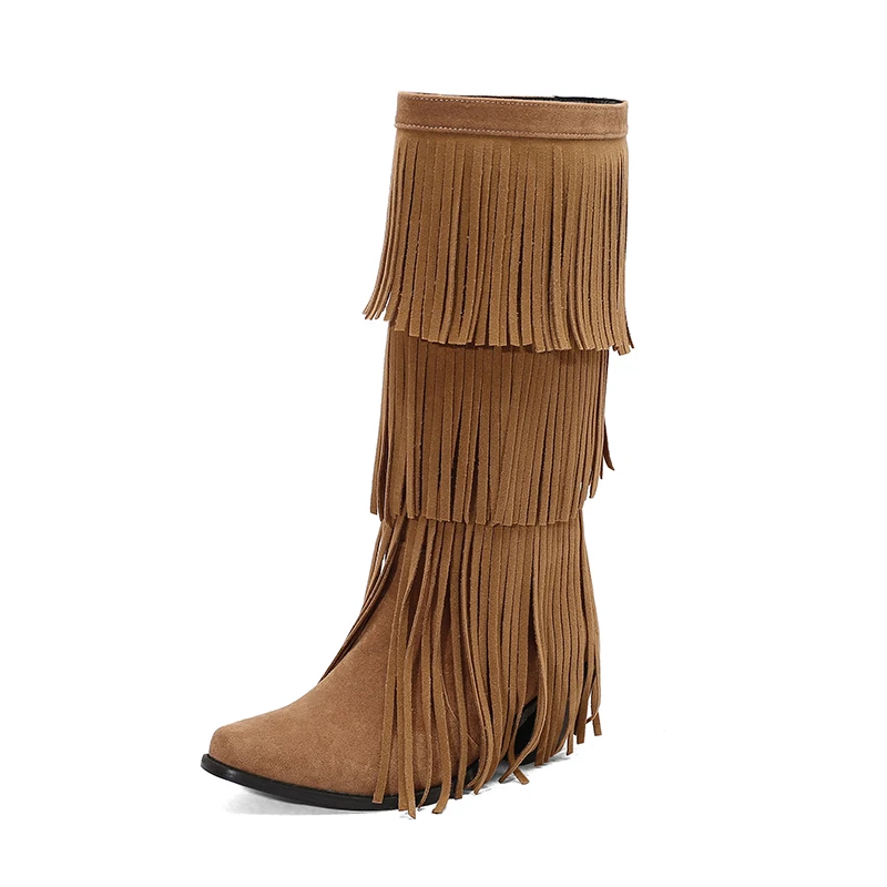 

Cowgirls Fringe Boots for Women Cowboy Western Booties Knee High Layered Tassels Decor Heeled Shoes Fall Winter