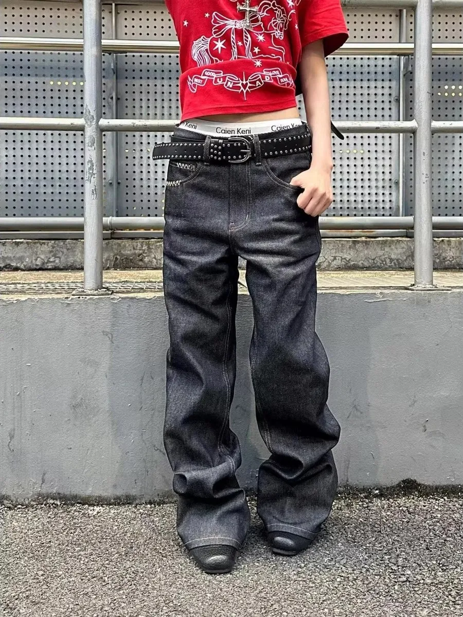Retro American Hand Sewn Cleanfit Original Black Jeans Loose Wide Leg Pants Men's Casual Fashion Denim Straight Leg Jeans