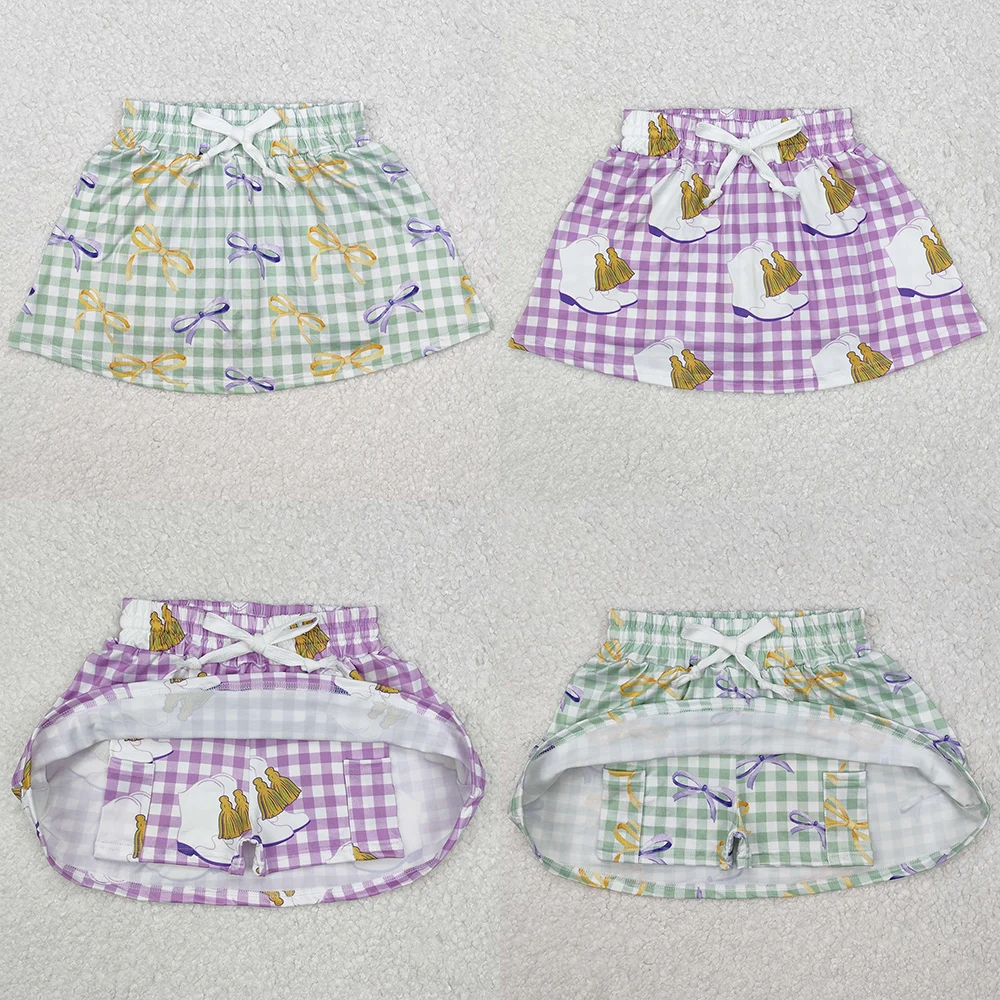 Hot Sale Baby Girls Skirts Mardi Gras Checkered Bows Boots Skort Skirts Boutique Kids Clothes Girls Skirts Children Clothing New