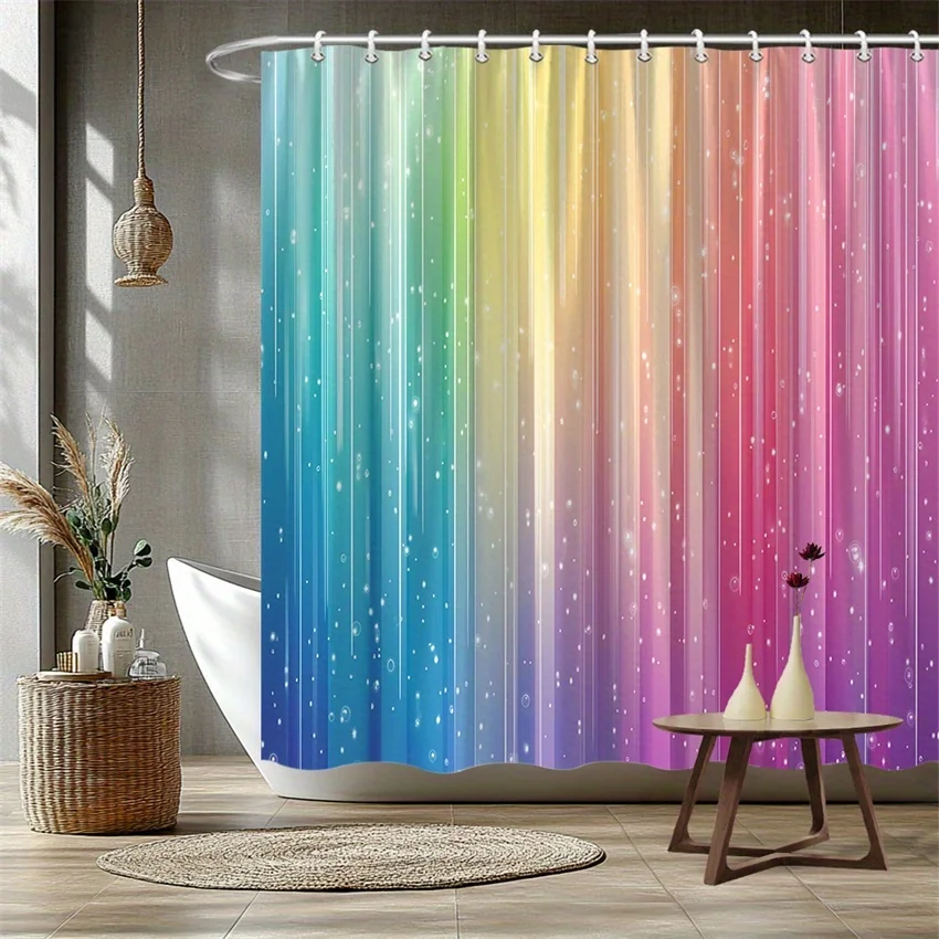 1pc Rainbow Gradient Shower Curtain with Pastel Colors & Sparkling White Dots - Vertical Striped Whimsical Magical Bathroom Deco