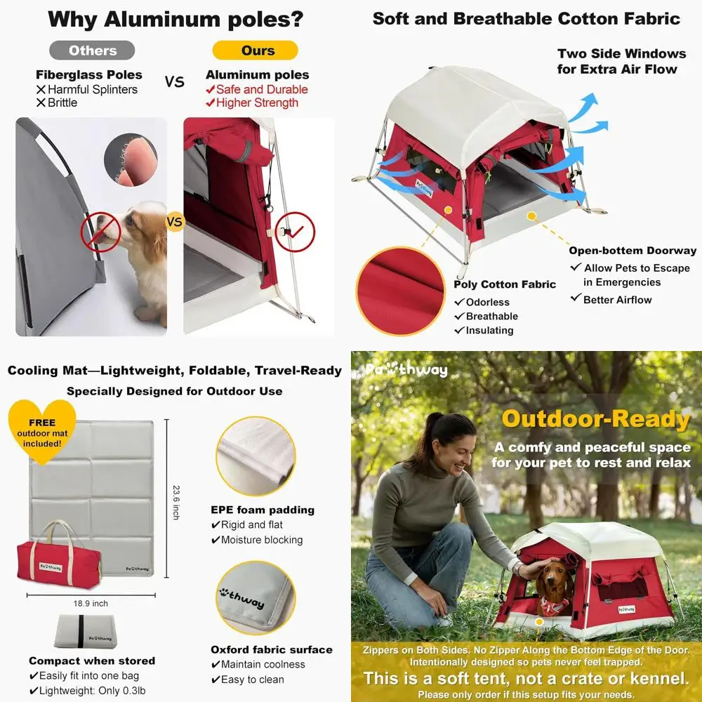 

Weatherproof Outdoor Dog Tent with Cotton Fabric, Aluminum Poles, and Breathable Side Windows - Portable and Collapsible (Red, S