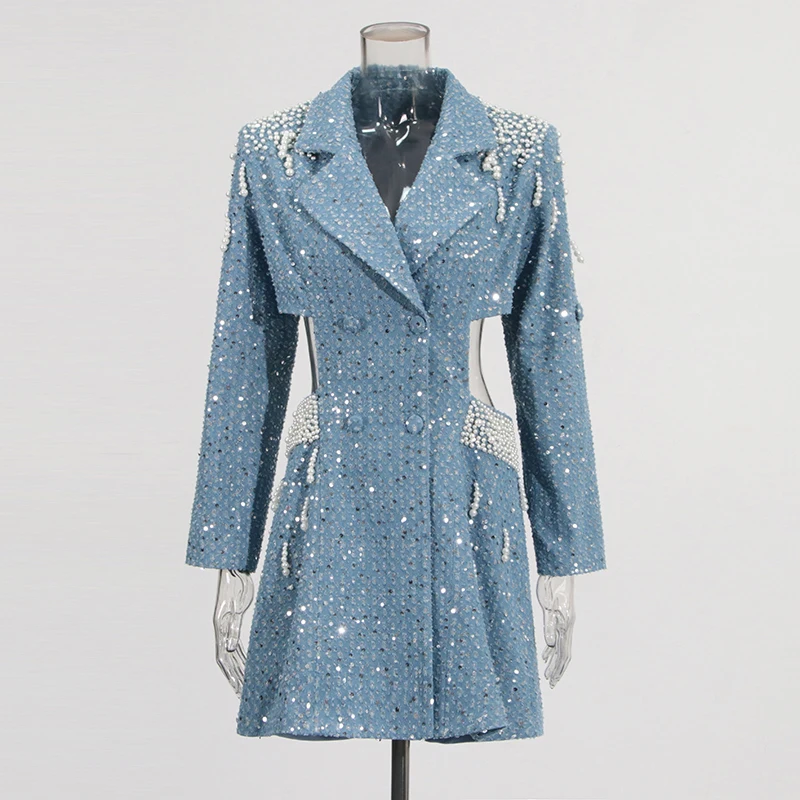 فستان نسائي مطرز بالترتر لؤلؤي فستان نسائي ربيعي بخصر طويل وأكمام طويلة فستان قصير أنيق للحفلات سترة ضيقة 2026