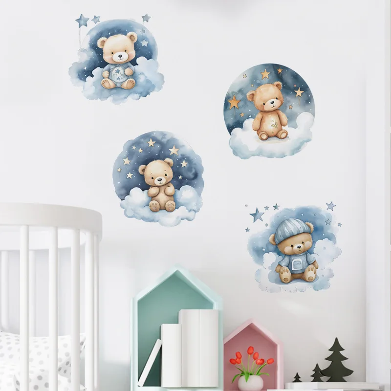 Adesivo de parede de urso de boa noite, decoração de quarto infantil, papel de parede removível, fundo de quarto, decoração de casa, decalques autoadesivos