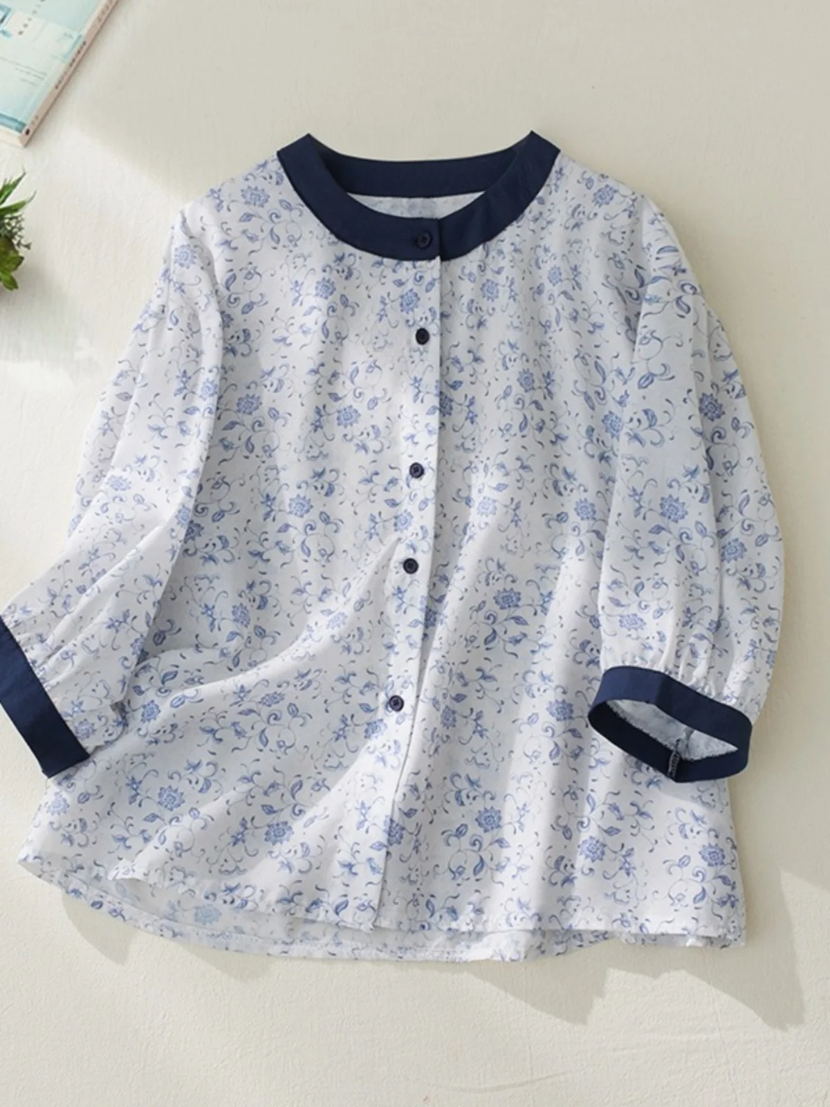 

Retro Floral Linen Cotton irt Women Summer Loose Color Blo round Ne Five Sve Cotton Linen Top Commute Sle Button D...