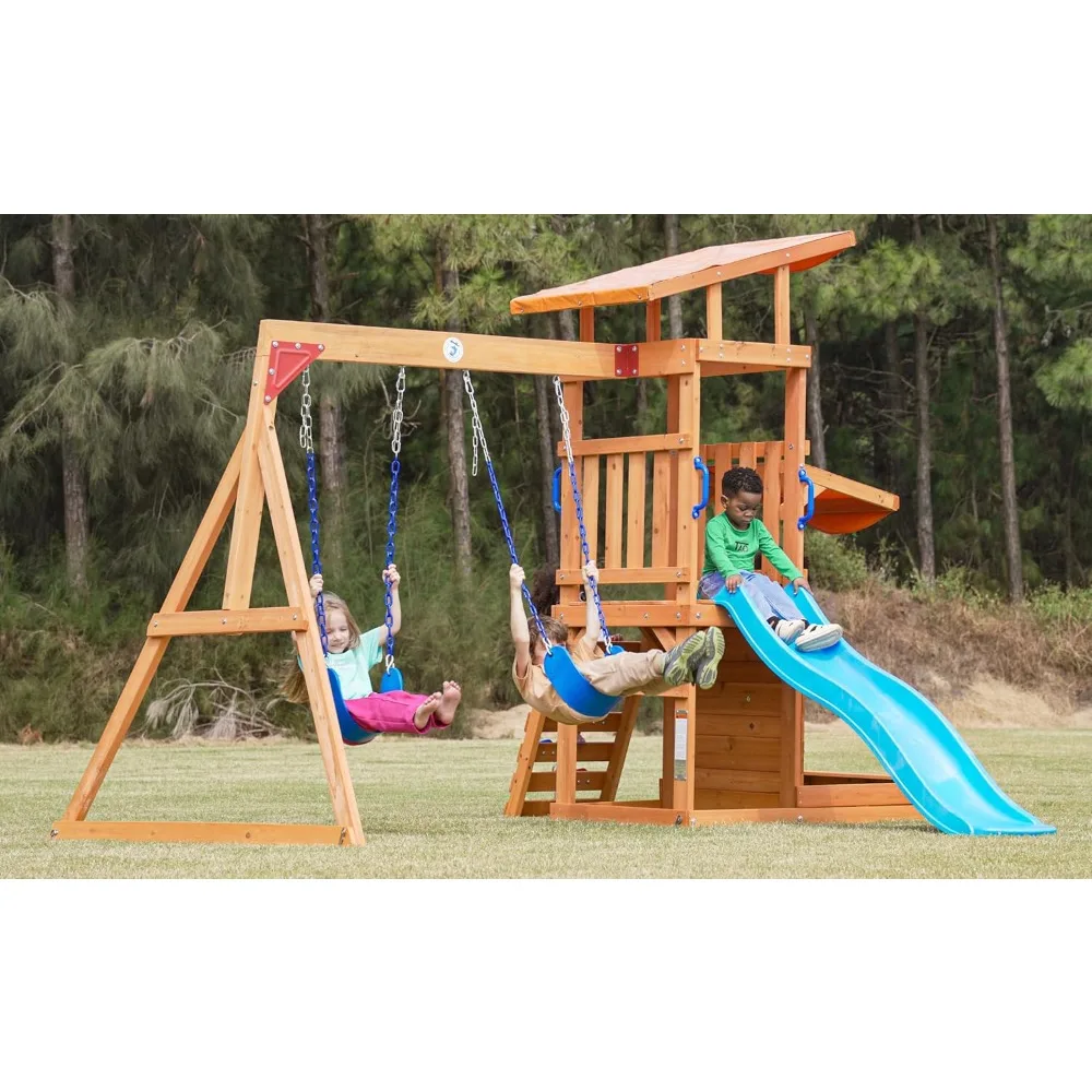 

Dolphin Playground Outdoor Wooden Swing Sets for Backyard with Slide, Playground Sets for Backyards with Sandbox