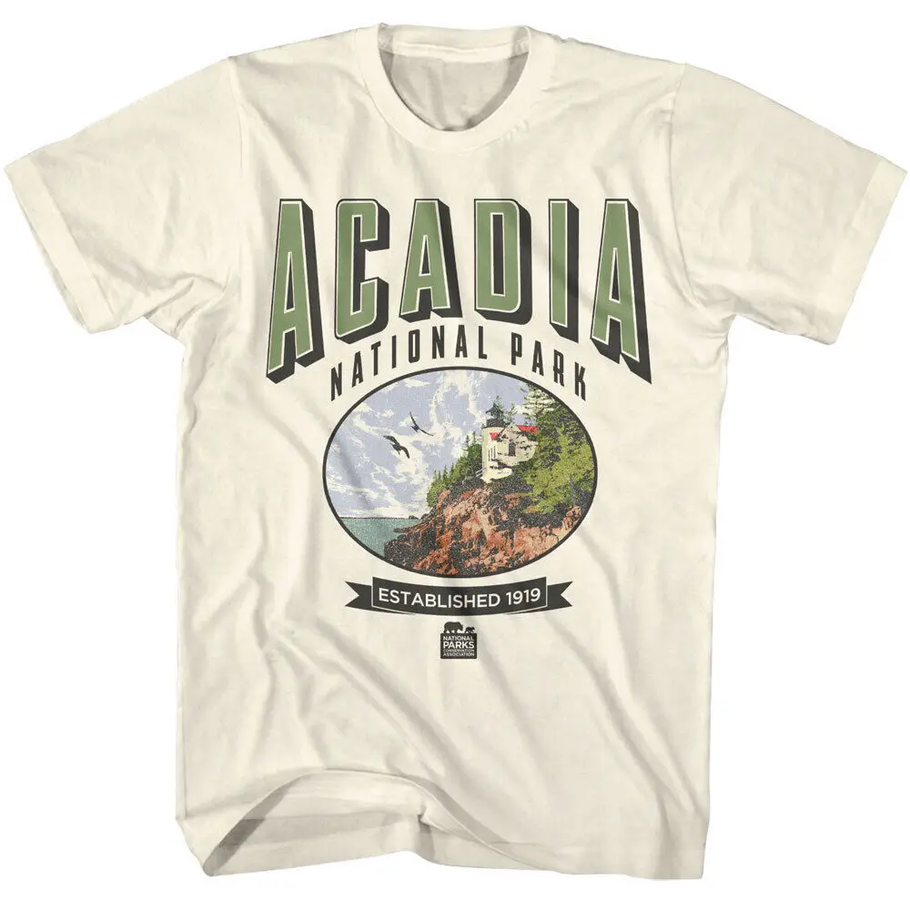 Acadia Bass Harbor Head Lighthouse Men's T Shirt Cliff National Park Maine Rocke