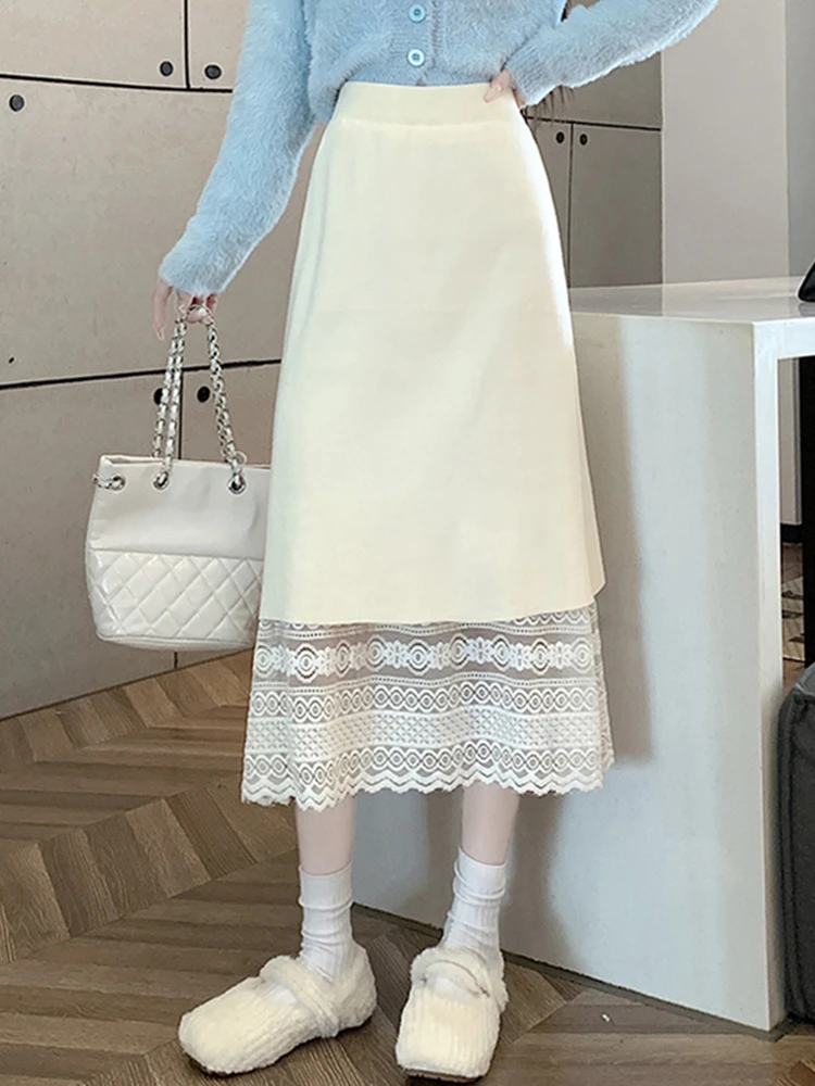 2024 New Autumn Winter Women High Waist Slim Long Skirt High Quality Elegant Retro Lace Patchwork Reversed Knitted Skirt