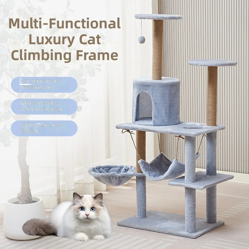 Cat Tree Multi-Level, Stable Non-Tipping, Light Blue, Teasing Ball, Durable Scratch-Resistant, Plush Cat Climbing Furniture