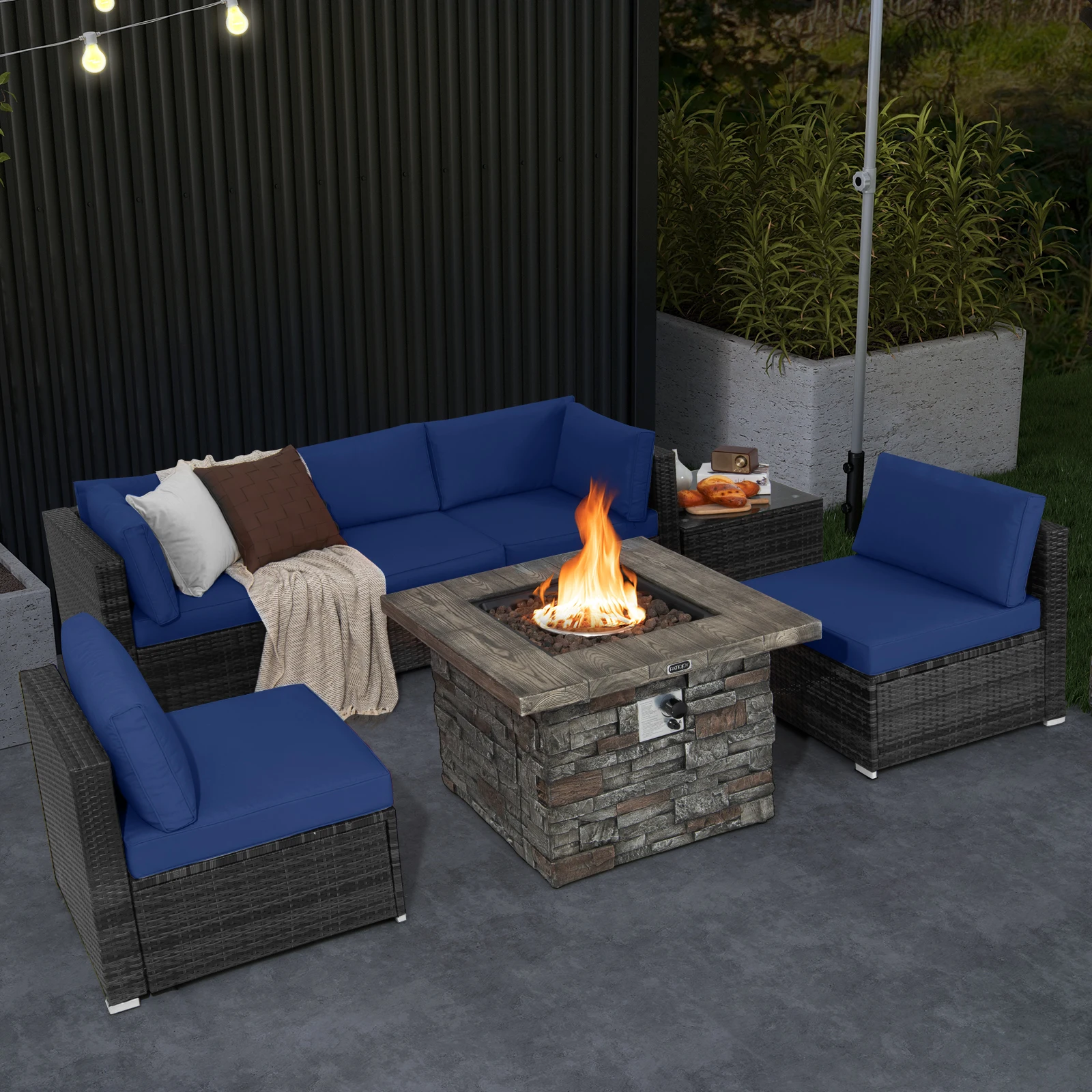 7 PCS Patio Furniture Set with 50,000 BTU Fire Pit Table Wicker Sofa Set with Cushions Navy