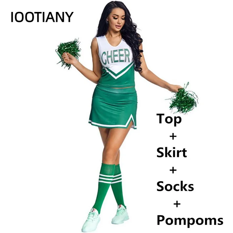 

Ladies Cheerleader Costume School Girl Outfits Fancy Dress Cheer Leader Uniform Womens Clothes with Socks Pompoms