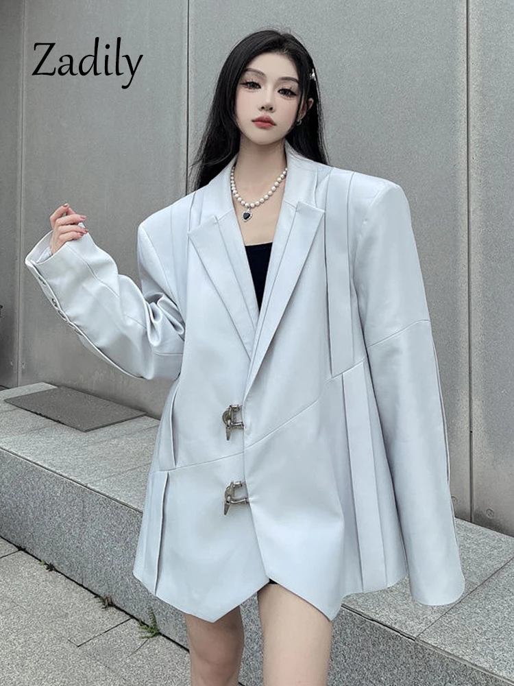 Zadily 2023 Winter Office Lady Long Sleeve Women Oversize Blazer Korea Style Metal Button Woman Work Suits Coat Female CLothing