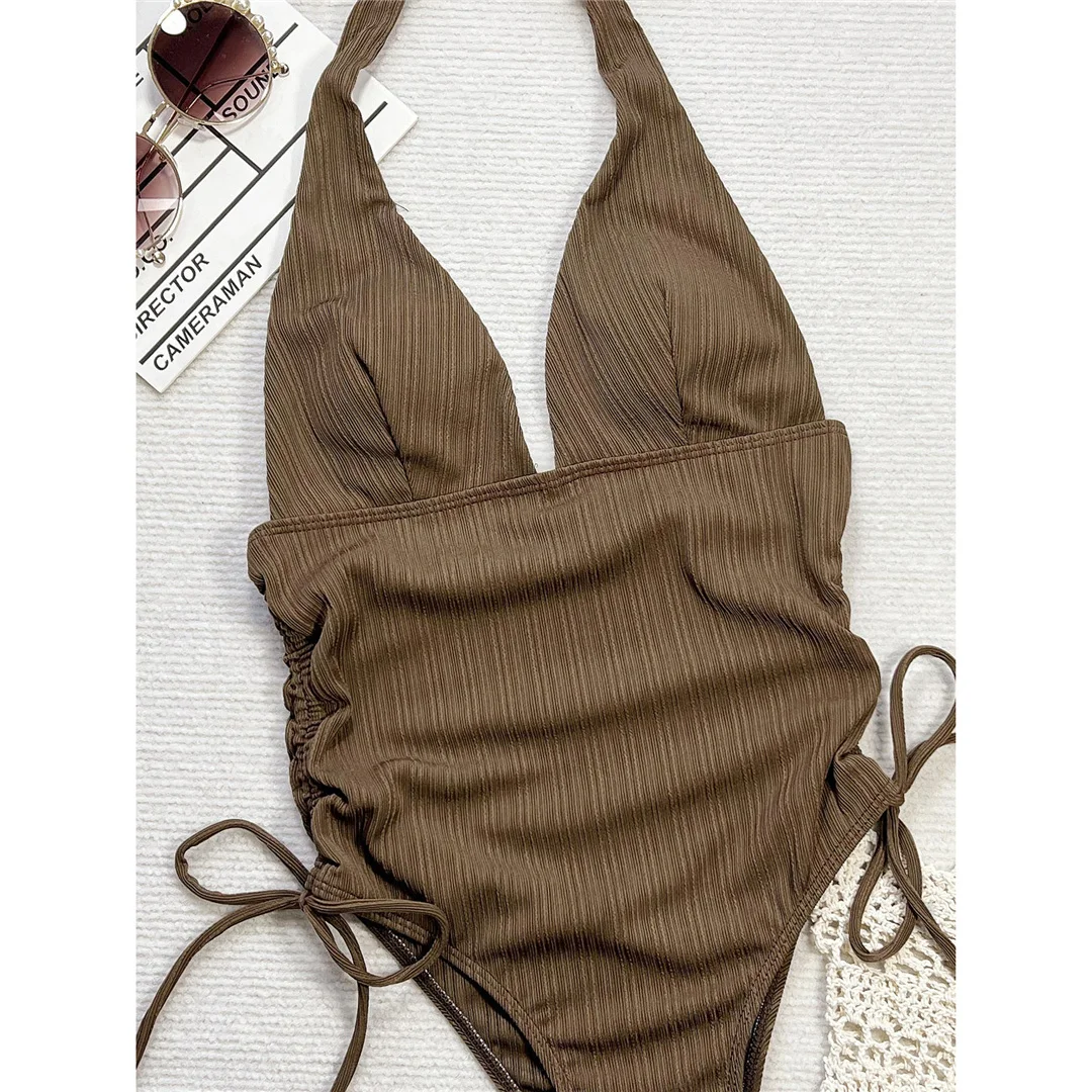 Sexy V-Ausschnitt, trägerloses, rückenfreies, hoch geschnittenes Damen-Badeanzug-Modell, einteiliger Badeanzug, Damen-Monokini, gepolsterter Badeanzug, Badebekleidung, Modell V6805. – Detail 12