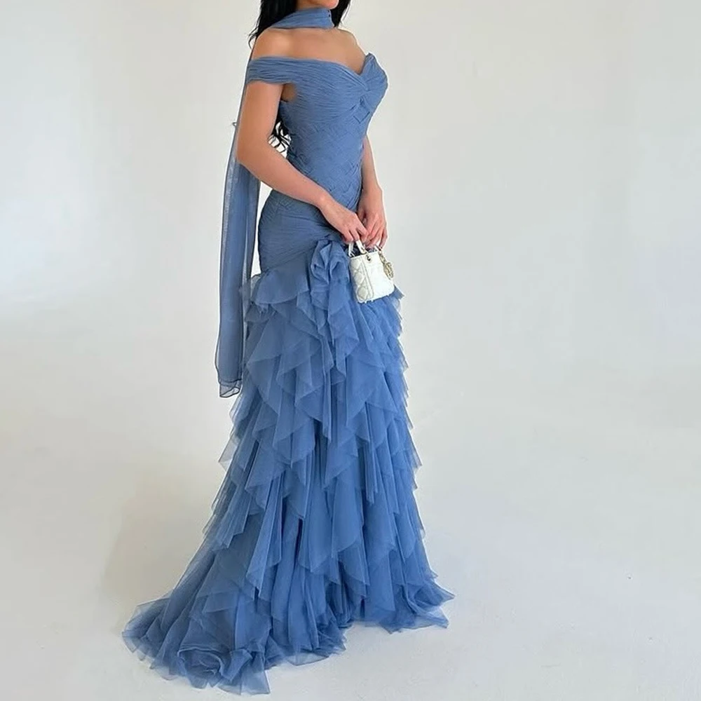 

Customized Mermaid Evening Dresses Floor-length Off The Shoulder Sleeveless Prom Gown Simple Fashion Stole Draped Party Gown