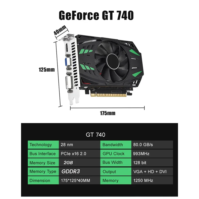 Geforce Gt740 2Gb Gddr3 Grafische Kaart 128 Bit 993Mhz 1250Mhz 28 Nm Pcle X16 2.0 Vga + Hd + Dvi Videokaart