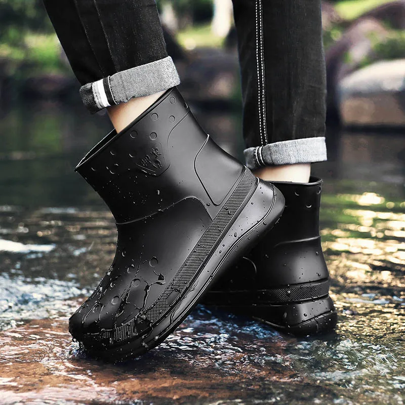 STRONGSHEN Men Rain Boots Fashion Platform Waterproof Anti-skid Work Chef Shoes Men Slip-on Light Fishing Shoes Male Sneakers