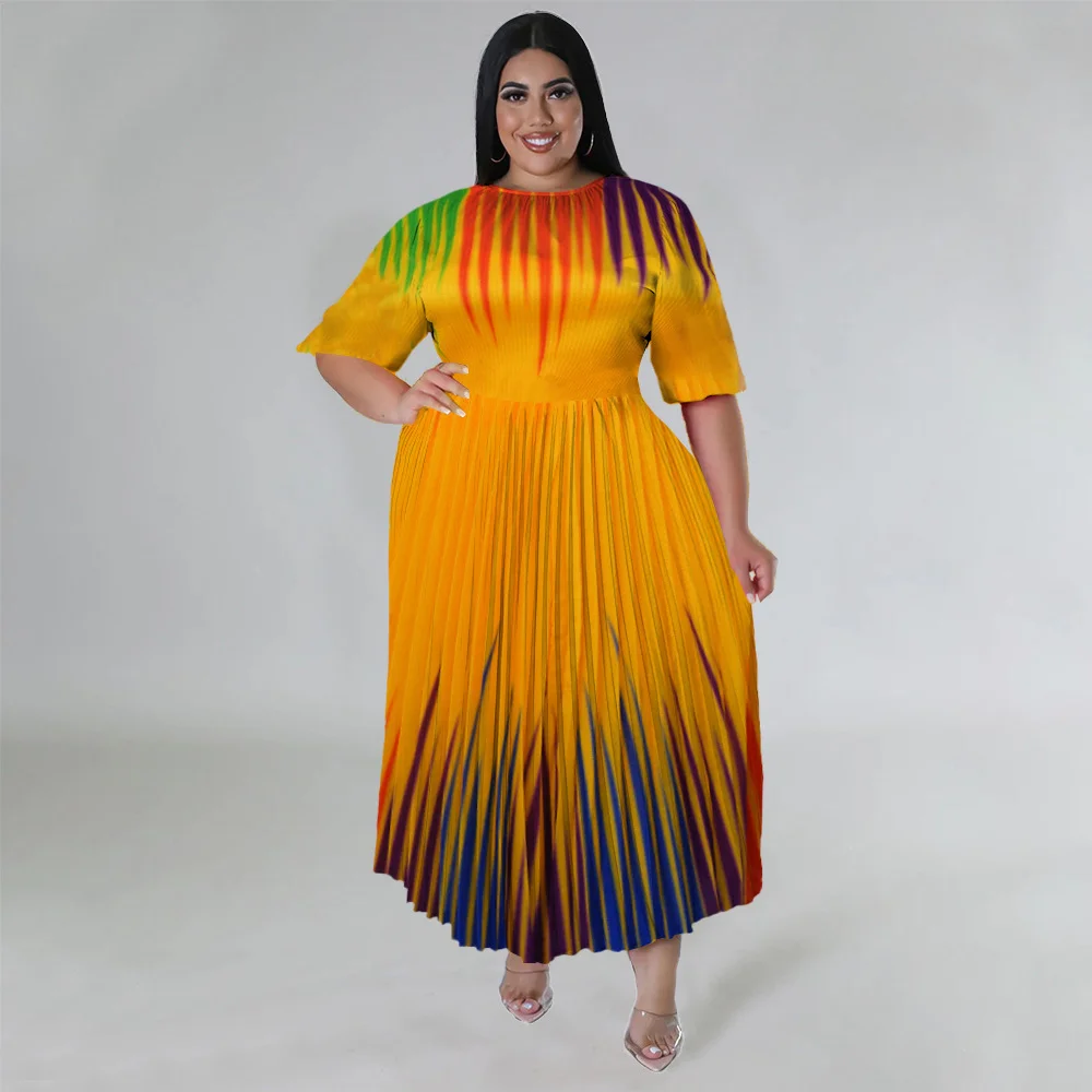 Robe longue plissée à col ras du cou, grande taille, décontractée, haute couture, été, plage, vente en gros, livraison directe