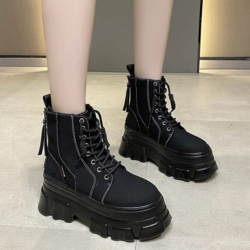 Rimocy Green Punk Chunky Platform Ankle Boots for Women Autumn Winter Thick Bottom Motorcycle Boots Wedges Gothic Shoes Woman