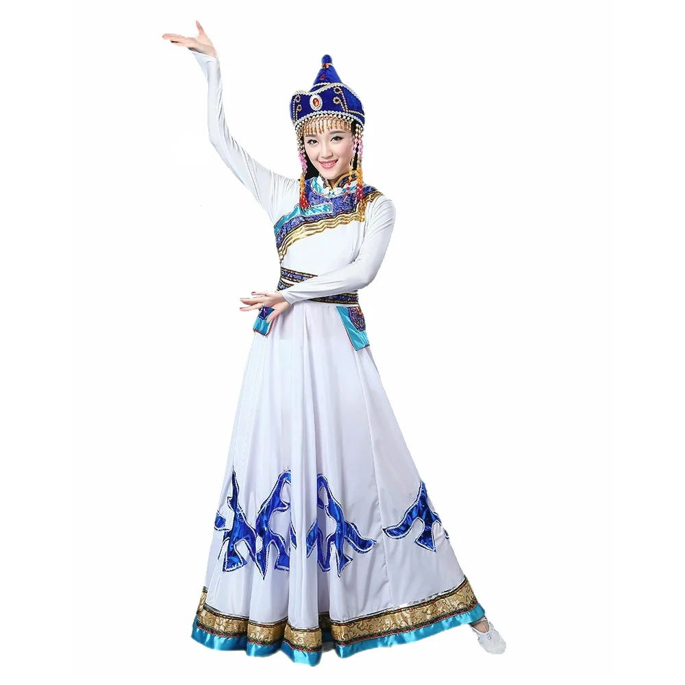 

Китайская народная танцевальная одежда для выступлений, монгольские праздничные костюмы, женское длинное платье, белый женский халат со шляпой
