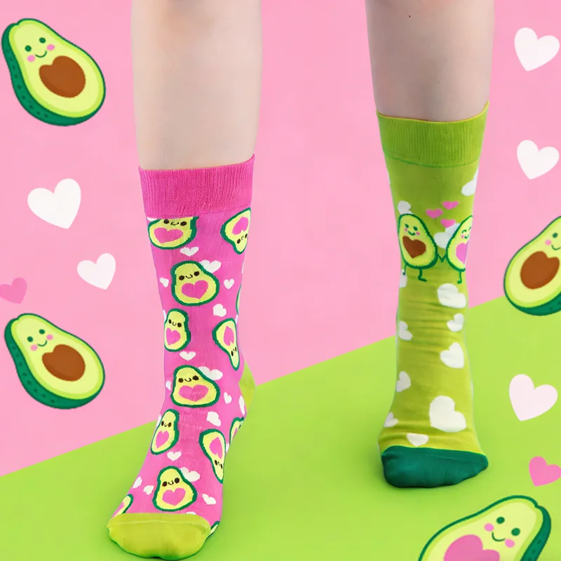 1 pair Adorable Avocado Heart Print Socks - Pink Green Mismatched Mid-Calf Socks (Couple/BFF Style)