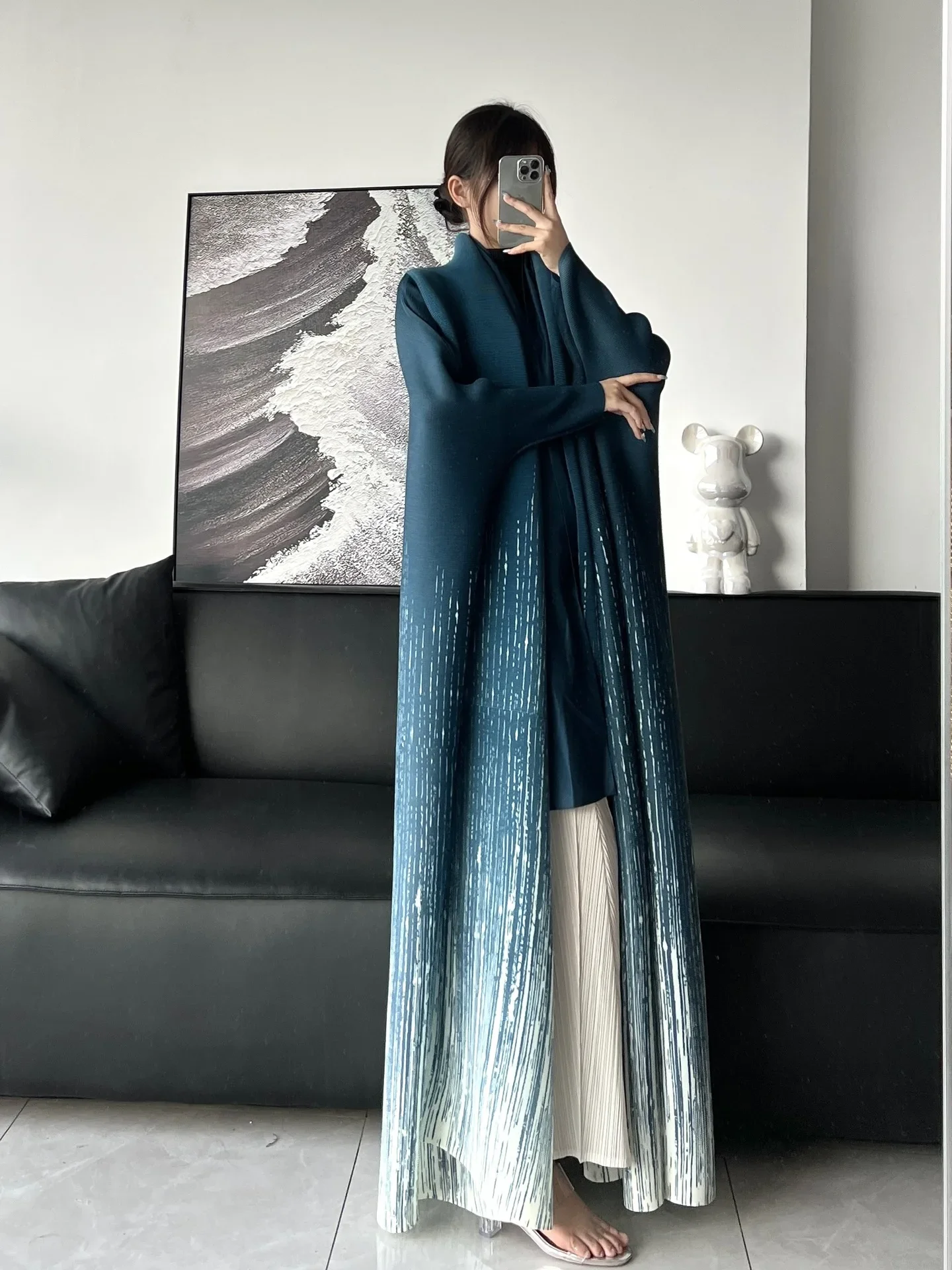 Pleats Robe Pleats 2024 Spring Women Gradient Color Printing Bat Sleeve Coat Jacket Arabic Long Robe Plus Size Loose Long Coat